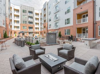 Relaxing courtyard with fire and water features